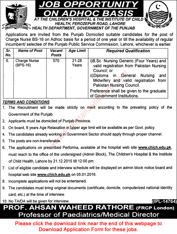Charge Nurse Jobs in Children's Hospital Lahore 2015 December